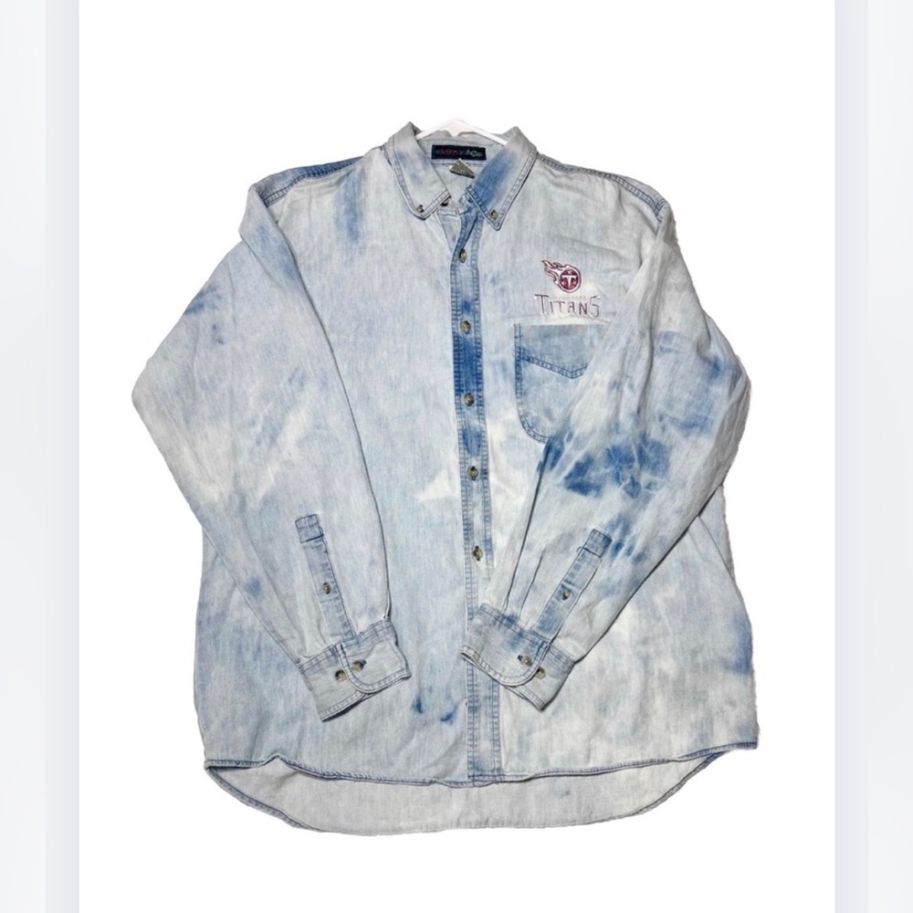 Vintage Tennessee Titans Tie Dye Bleached Large Cotton Button Down Denim Shirt